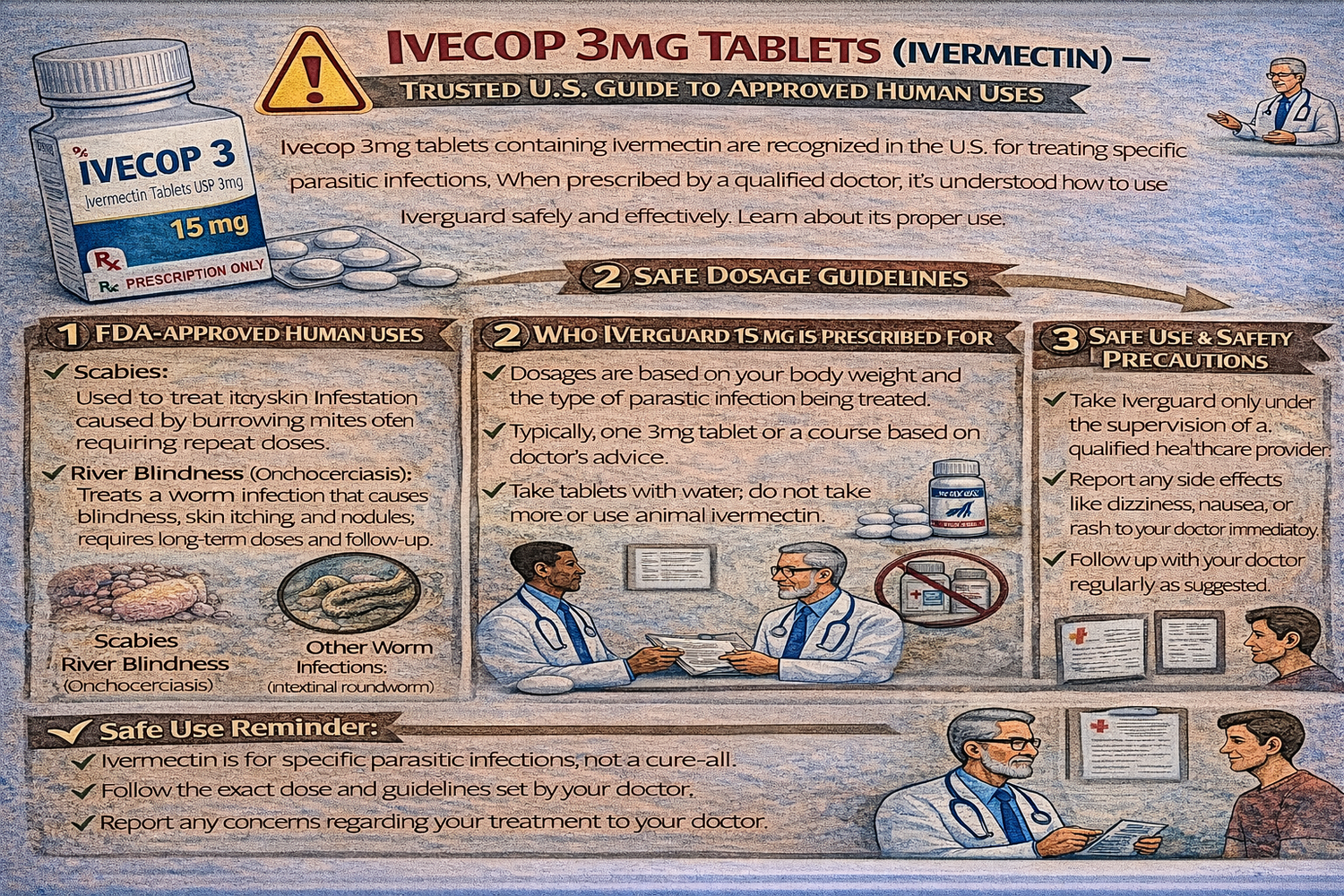Ivecop 3mg tablets containing ivermectin for FDA-approved antiparasitic human use in the United States