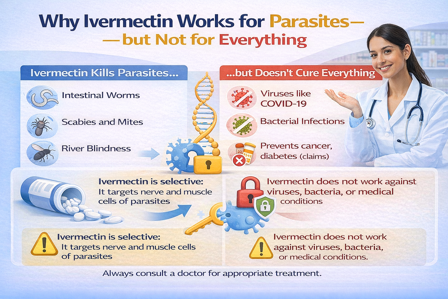 Doctor explaining why ivermectin works for parasites but not for all diseases