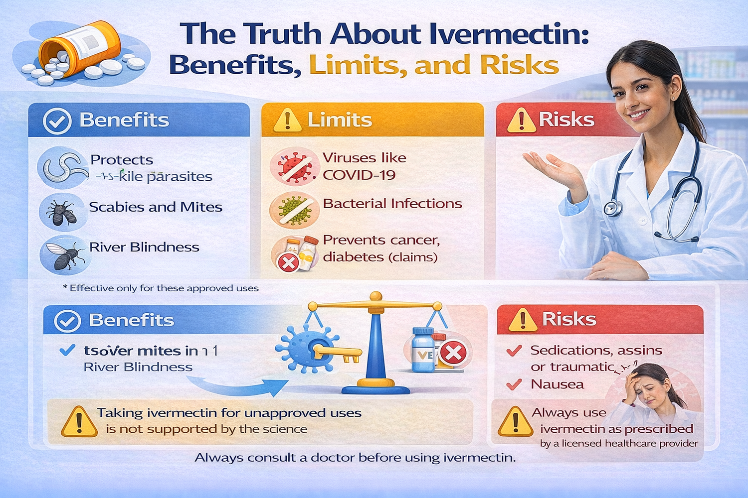 Doctor explaining ivermectin benefits, limits, and risks to a patient