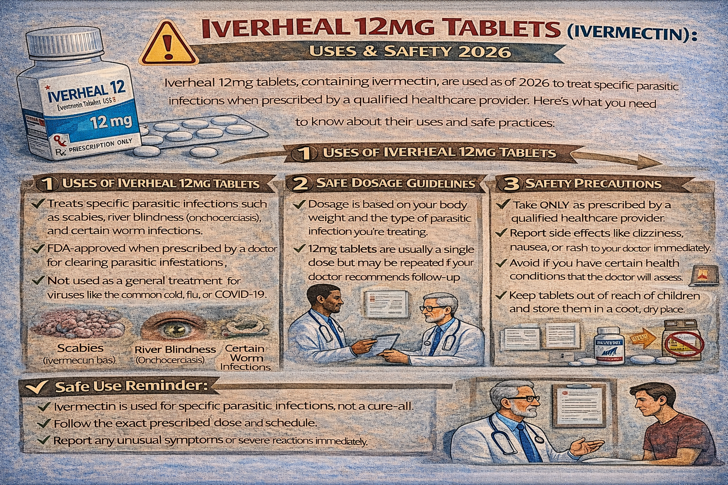 Doctor explaining Iverheal 12mg tablets dosage, uses, and safety