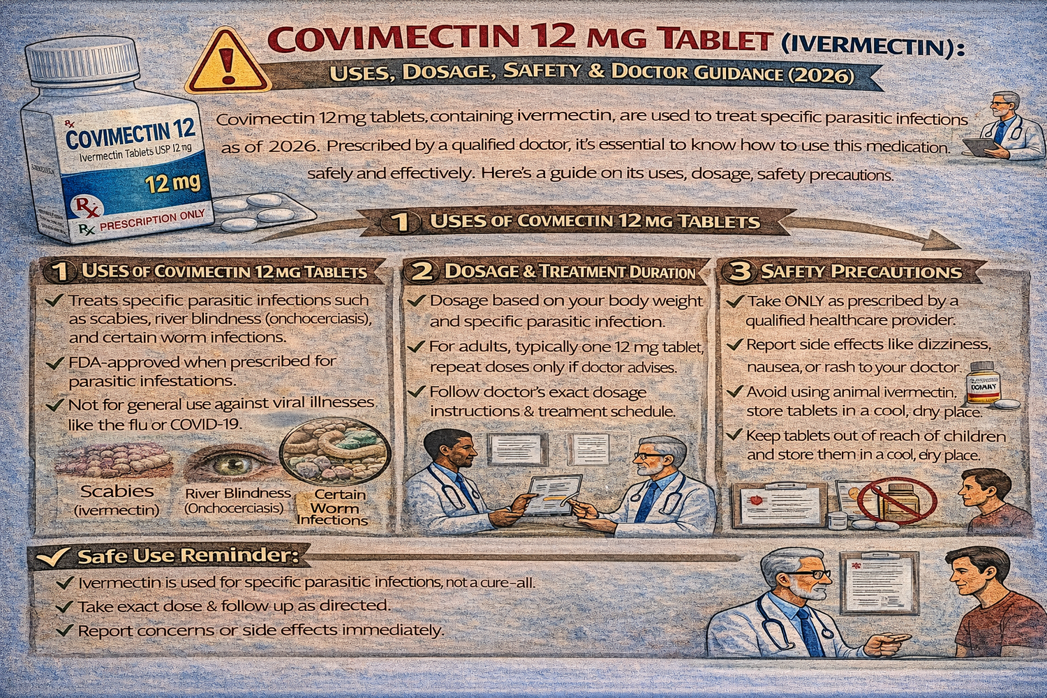 Doctor explaining Covimectin 12 mg tablet dosage, uses, and safety