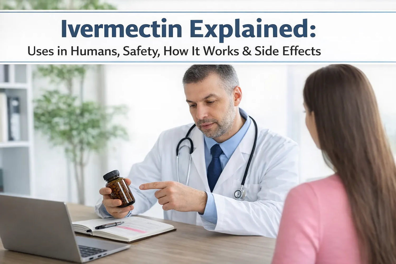 Ivermectin tablets and doctor explaining safe human use of antiparasitic medication
