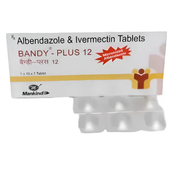 Bandy Plus 12mg chewable tablet packaging by Mankind Pharma containing Ivermectin and Albendazole for advanced broad-spectrum parasitic and worm infection support