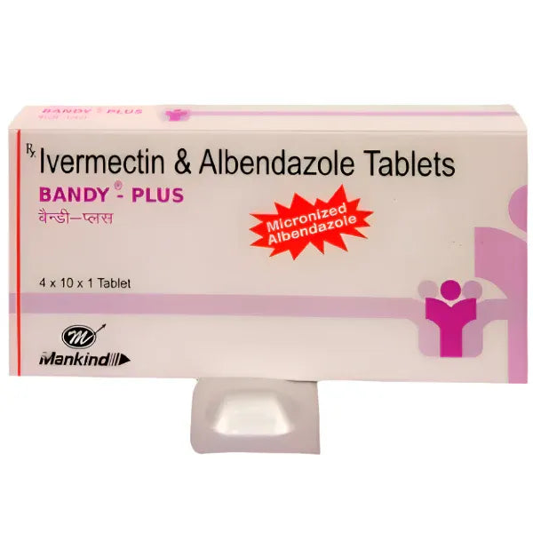Bandy Plus 6mg generic tablet pack from Mankind Pharma featuring a combined dual-action formula of Micronized Albendazole 400mg and Ivermectin 6mg for complete worm clearance