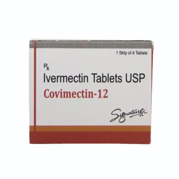 Covimectin 12 mg generic tablet packaging by Signature containing Ivermectin Tablets USP 12 mg for advanced parasitic, scabies, and worm infection support