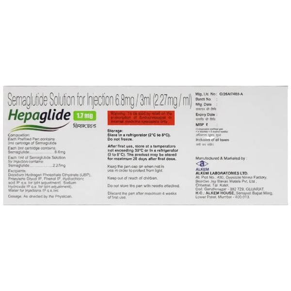 Hepaglide 1.7mg Injection multi-dose disposable pen kit with 4 needles and 4 alcohol swabs for advanced semaglutide obesity treatment