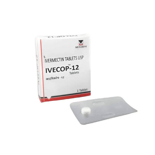 Ivecop 12mg generic tablet packaging strip containing Ivermectin Tablets USP 12 mg for high-strength parasitic, scabies, and worm infection support