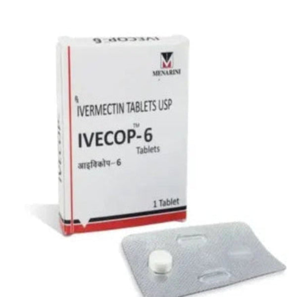 Ivecop 6mg generic tablet packaging strip containing Ivermectin 6mg for standard-strength roundworms, scabies, and lice infection support