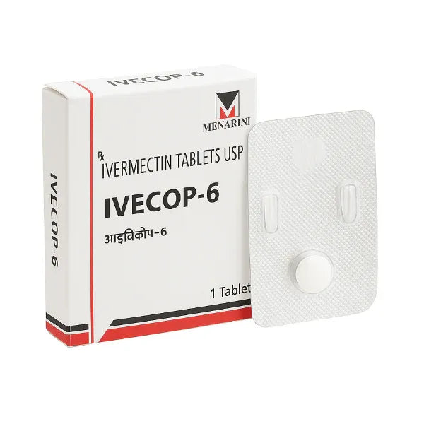 Ivecop 6 mg generic tablet packaging strip containing standard mid-strength Ivermectin 6mg for regular parasitic, scabies, and intestinal worm infection support