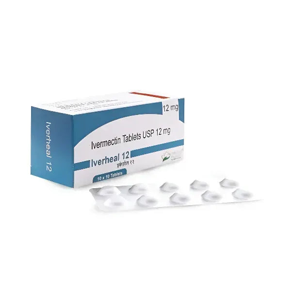 Iverheal 12mg generic tablet packaging strip by Healing Pharma containing Ivermectin USP 12 mg for advanced parasitic, scabies, and worm infection support