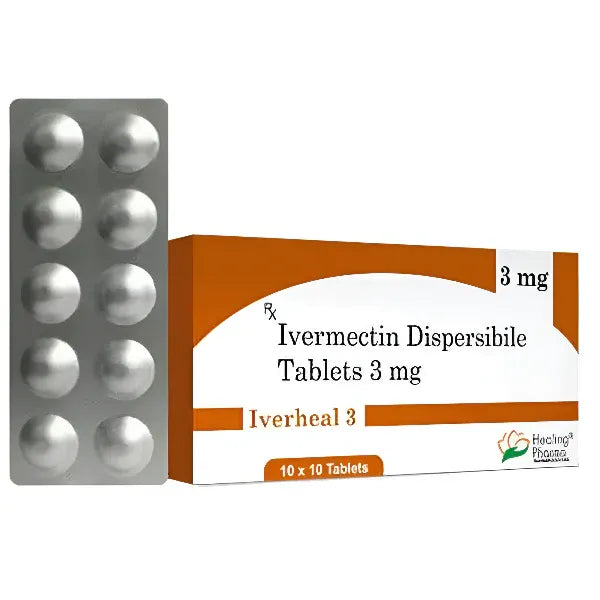Iverheal 3 mg generic tablet packaging box and strip containing standard low-strength Ivermectin Tablets 3mg for mild parasitic and worm infection support