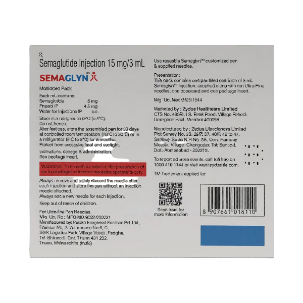 Semaglyn Injection 3ml semaglutide cartridge with 10 sterile needles for reusable pens in weight loss and diabetes therapy