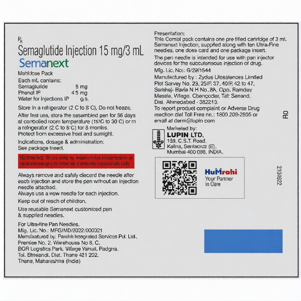Semanext Injection 3ml semaglutide cartridge with 10 sterile needles for reusable injection pens in weight loss and diabetes management